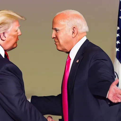 Image similar to photo of donald trump shaking joe bidens hand, gracefully accepting election results. conceding. wow the ai only shows donald trump shaking just own hand somehow lol...