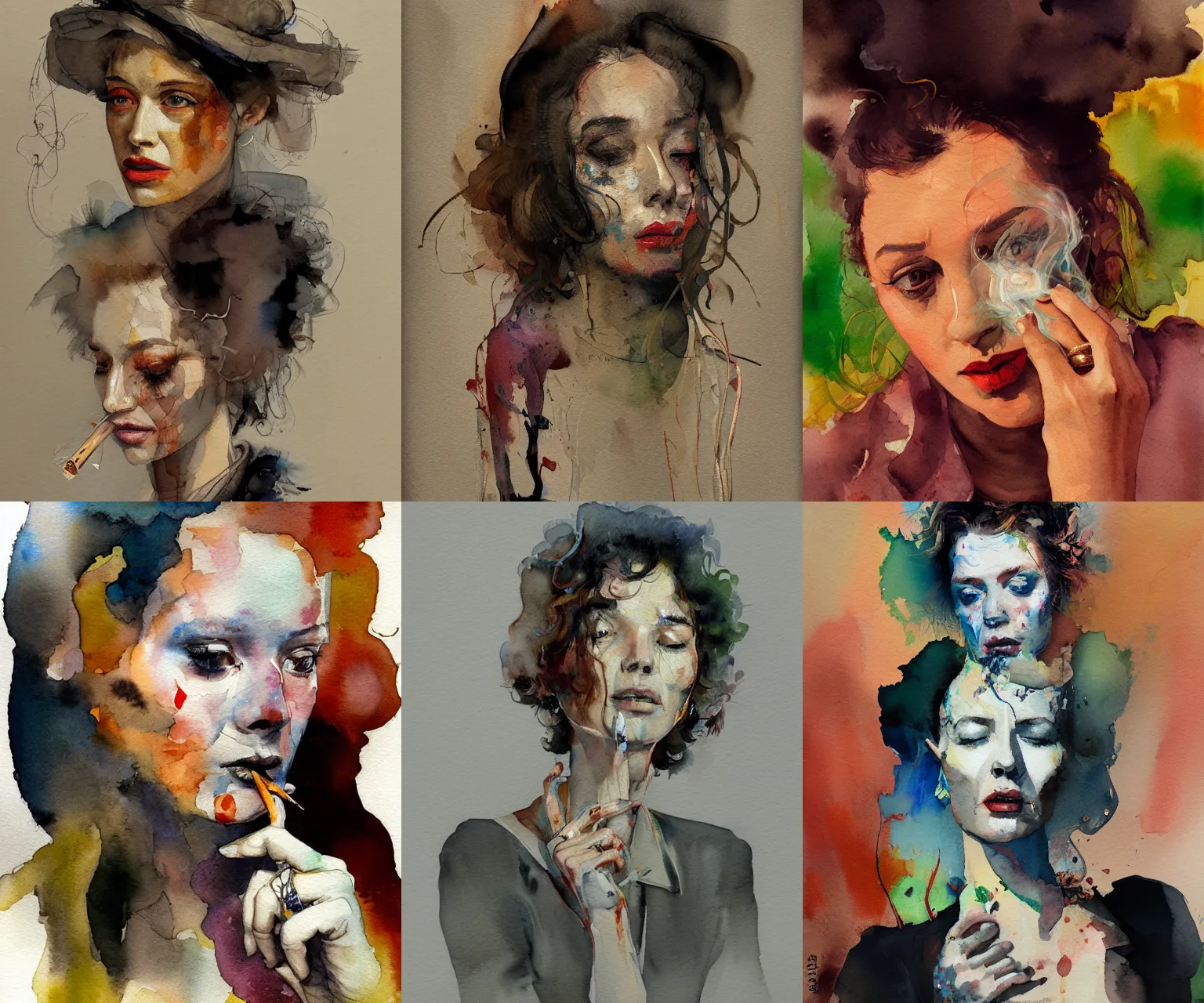 Prompt: portrait of a smoking woman, in the style of disco elysium, watercolor expressionism, artstation, trending, by aleksander rostov, jenny saville, rembrandt, alex kanevsky, wassily kandinsky, dave mckean, yoshitaka amano