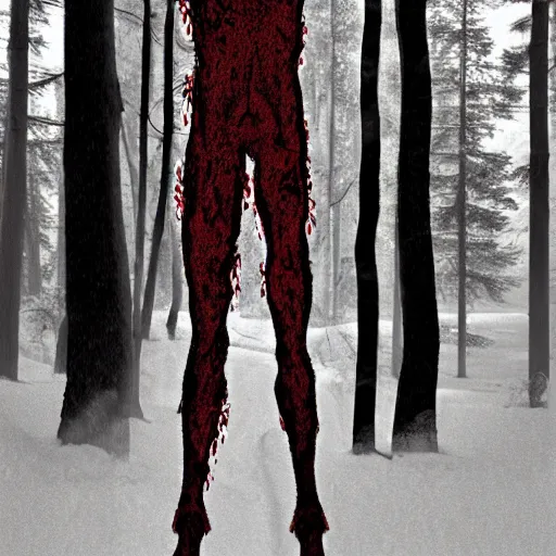 Prompt: horrifying digital art of a blood soaked skinwalker, lanky, skinny, pale skin, snow, forest, dark, horrifying