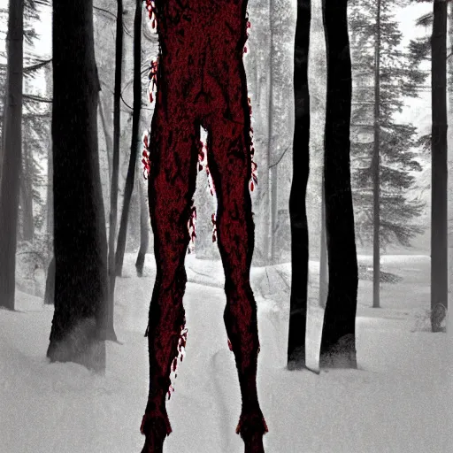 Image similar to horrifying digital art of a blood soaked skinwalker, lanky, skinny, pale skin, snow, forest, dark, horrifying