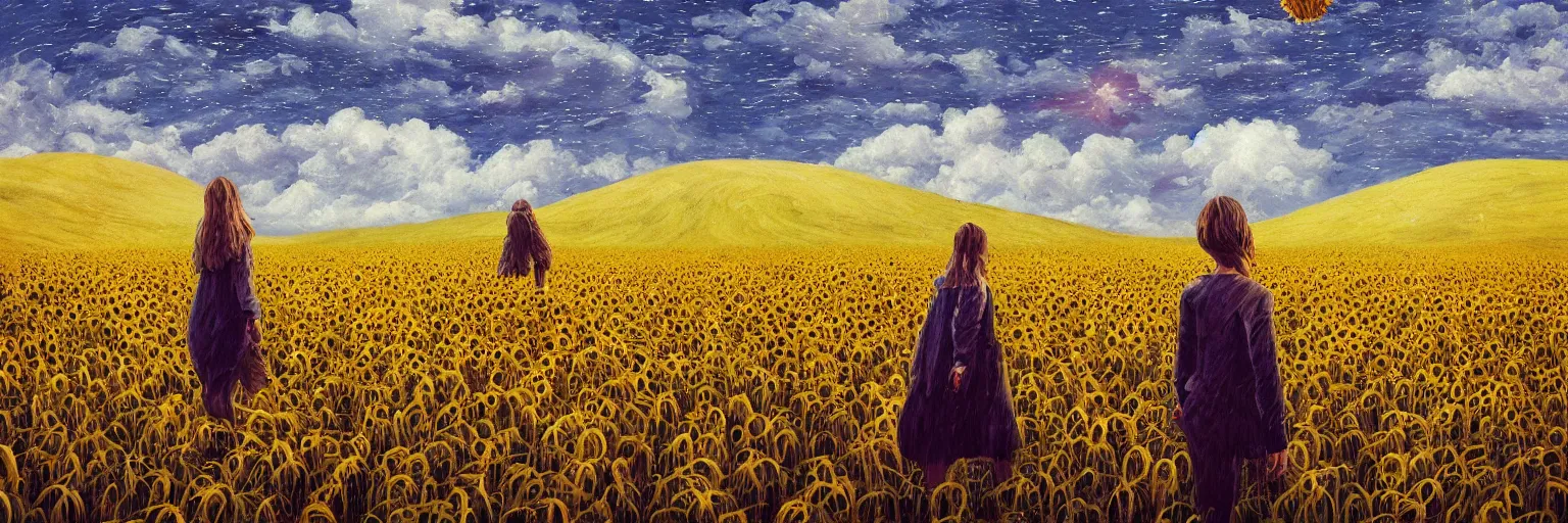 Image similar to giant sunflower as a head, girl walking in wheat field, hills, surreal photography, dark night, star trails, dramatic light, impressionist painting, clouds, digital painting, artstation, simon stalenhag