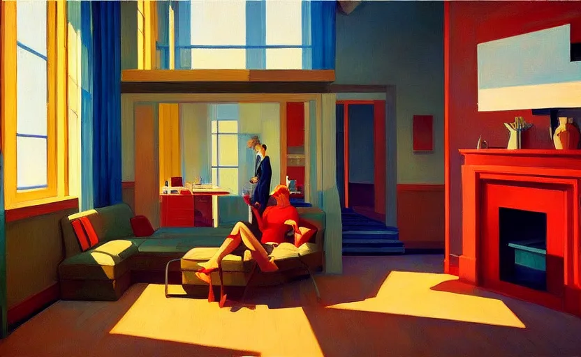 Image similar to Interior shot of contemporary cozy loft, very coherent, painted by Edward Hopper, painted by James Gilleard, airbrush, art by JamesJean