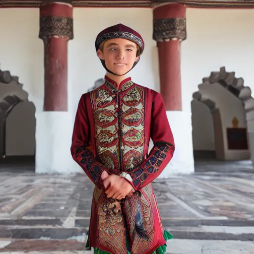 Image similar to teenage Caucasian boy modeling malacca sultanate gear