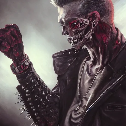 Image similar to portrait painting of a sneering biker with pale skin and spiked hair drinking blood from a skull goblet sharp focus, ultra realistic, concept art, intricate details, eerie, highly detailed, photorealistic, octane render, 8 k, unreal engine. art by artgerm and charlie bowater and greg rutkowski