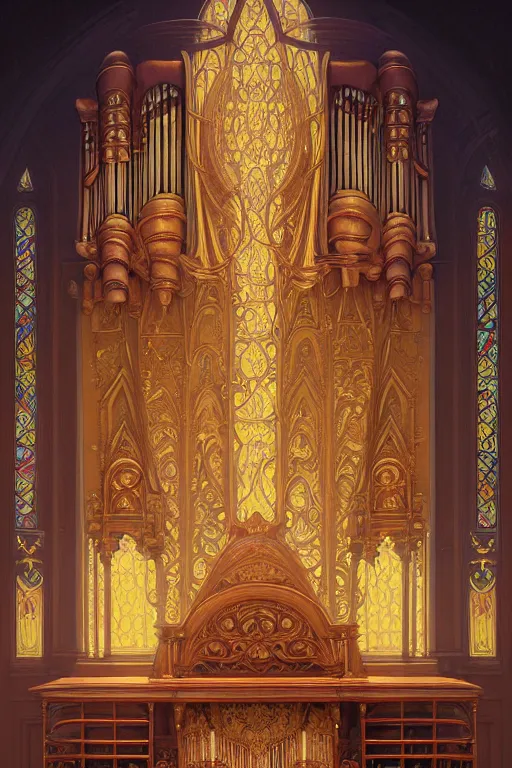 Image similar to painting of a pipe organ in front of a dimensional portal, decorated, intricate, elegant, highly detailed, digital painting, artstation, concept art, smooth, sharp focus, illustration, art by artgerm and greg rutkowski and alphonse mucha, 8 k