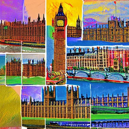 Prompt: The collage is a beautiful landscape of the Houses of Parliament in London. The colors are very bright and vibrant, and the scene is very peaceful and serene. Mayan by Klaus Janson cosy