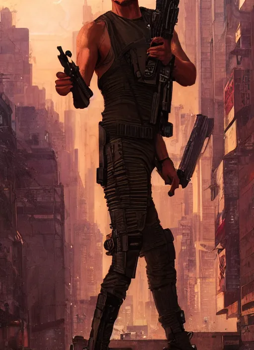 Image similar to sterling archer. cyberpunk mercenary in a military vest ( blade runner 2 0 4 9, cyberpunk 2 0 7 7 ). orientalist portrait by john william waterhouse and james gurney and theodore ralli and nasreddine dinet, oil on canvas. cinematic, hyper realism, realistic proportions, dramatic lighting, high detail 4 k