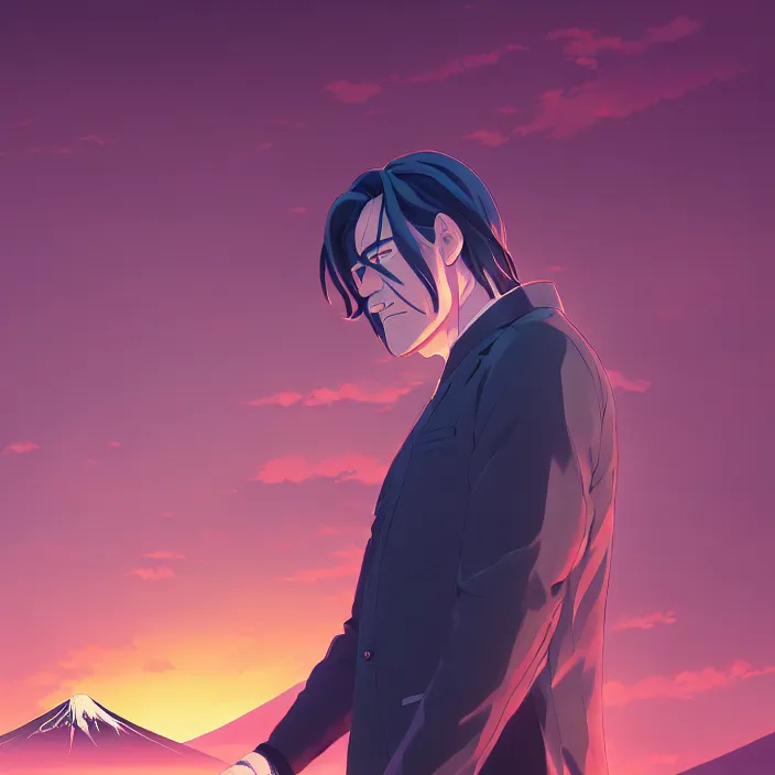 Image similar to portrait of the undertaker, mount fuji background, rich vivid colors, ambient lighting, dynamic lighting, 4 k, hq, official media, anime key visual, makoto shinkai, ilya kuvshinov, lois van baarle, rossdraws, detailed, trending on artstation