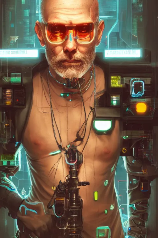 Prompt: a full body illustration of an male cyberpunk character wearing bionic implants, criminal mugshot, bald, bearded, highly detailed, oil on canvas, soft lighting, neon pastel colors, by WLOP and Greg Staples, HD, 4K