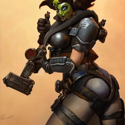 Prompt: greg manchess portrait painting of a beautiful female dieselpunk orc as an overwatch character, medium shot, asymmetrical, profile picture, organic painting, sunny day, matte painting, bold shapes, hard edges, street art, trending on artstation, by huang guangjian and gil elvgren and sachin teng