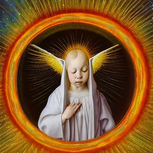 Image similar to highdetailed hyperrealistic painting of white angel!!! no gender!!!, giant ball of miracle light from the chest!!!!!, white sparkles everywhere, lot of fire and stars overhead!!!, by jan van eyck, holography space, glow effect, large strokes, soft and clean, bright white color