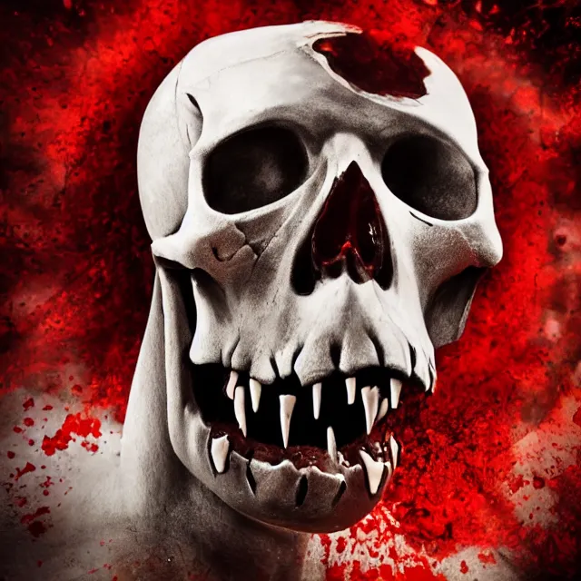 Image similar to skull centered facing the camera, blood pouring out from its mouth, mortal kombat, spray paint