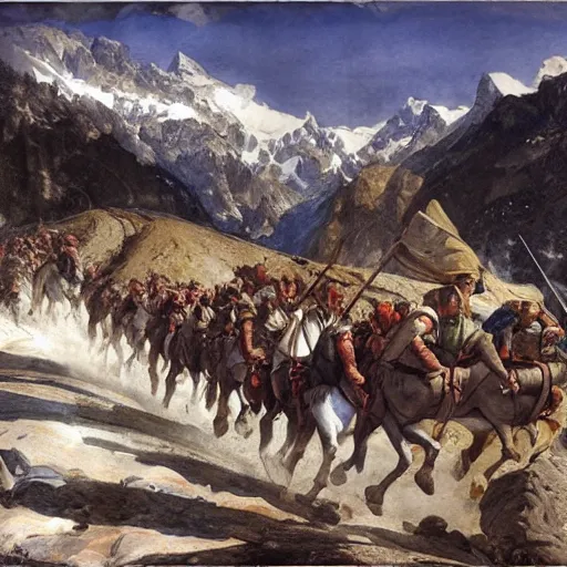 Image similar to carthaginians crossing the alps, alan lee