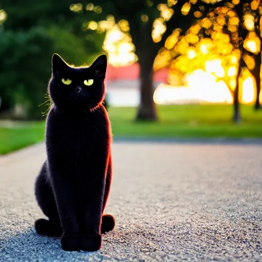 Image similar to a fluffy cute black cat sitting on the corner of a front yard outside in the late afternoon on a beautiful summer day, sunset