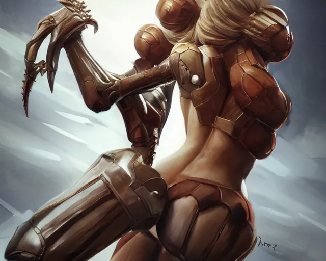 Image similar to 3 d render of samus aran as a fantasy amazon showing off her back muscles, elegant, detailed, fantasy, hd shot, digital portrait, beautiful, artstation, comic style, unreal engine, by artgerm, guy denning, jakub rozalski, magali villeneuve and charlie bowater