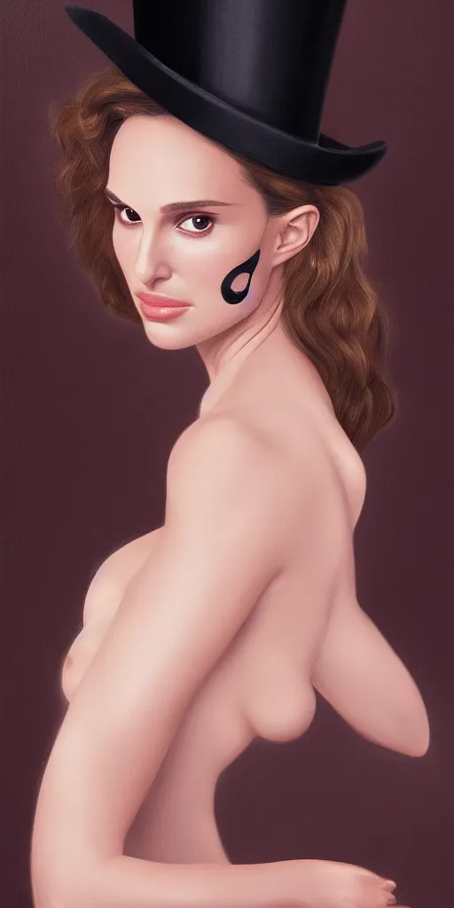 Image similar to Natalie Portman, wearing a top hat, very detailed portrait, ultrarealistic, dramatic lighting, electrical details, high details, 4k, 8k, best, accurate, trending on artstation, fur, artstation, photorealism, ultrarealistic, digital painting, style of Dali, Caravaggio, Boris Vallejo