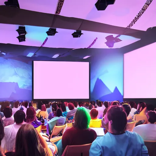 Image similar to cartoon, people listening to presentation on large screen, sitting in a large hall, dim painterly lighting volumetric aquatics, party