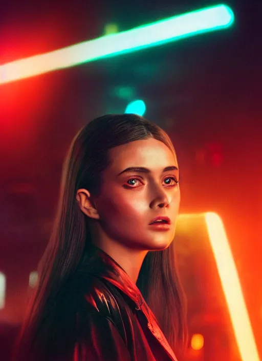 Image similar to A hyper realistic and detailed head portrait photography of young brunette female of Blade Runner 2049 on a futuristic street. by David Dubnitskiy. Neo noir style. Cinematic. neon lights glow in the background. Cinestill 800T film. Lens flare. Helios 44m