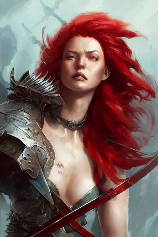 Image similar to beautiful warrior woman with red hair and two swords, fantasy, portrait, highly detailed, digital painting, trending on artstation, concept art, sharp focus, illustration, art by artgerm and greg rutkowski and magali villeneuve