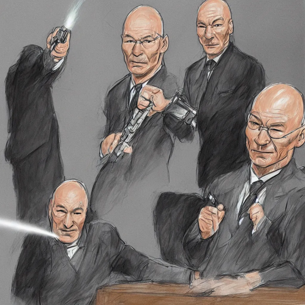 Image similar to Patrick Stewart firing a railgun, court room sketch