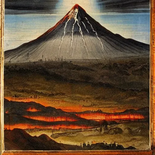 Image similar to medieval painting of Mordor with the mount doom, landscape