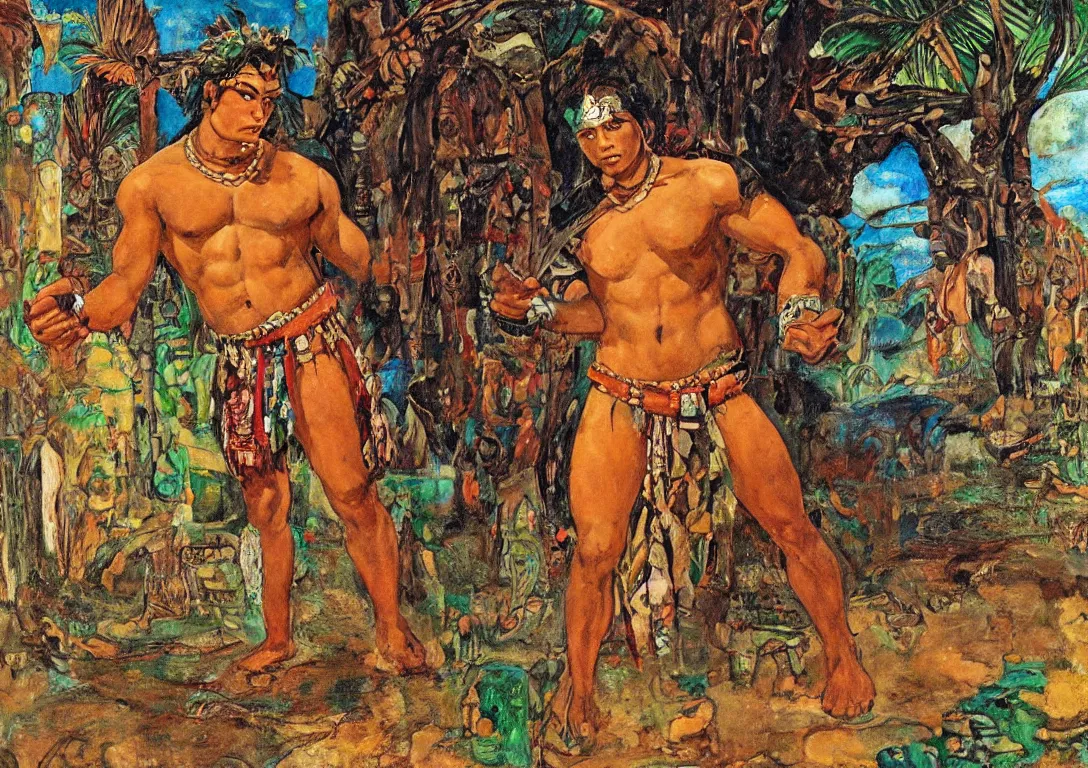 Image similar to a polynesian greek god searching through the streets of an abandoned village, sparse detail, complementary color scheme, by george luks, mati klarwein and moebius