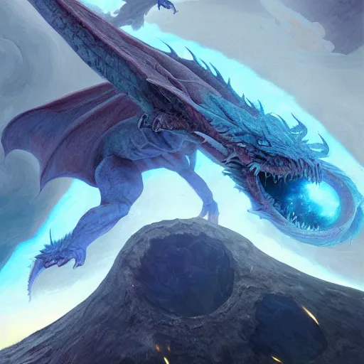 Prompt: Gigantic blue scaled humanoid dragon devouring an earth like planet while flying in space, sun system, behemoth, nebula, oil painting, by Fernanda Suarez and Edgar Maxence and Greg Rutkowski