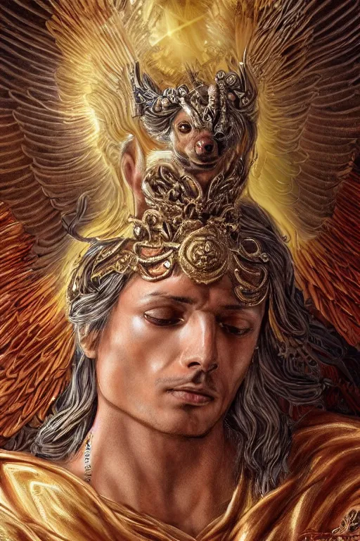 Image similar to a Chihuahua God with a radiant halo and wings, detailed face, gorgeous, flowing hair, very muscular male body, partial anatomy, stormy and grand war scene, delicate and intricate borders for decoration, caesar victorious, proud Emperor, split lighting, character close-up, intricate, highly detailed, 8K, digital painting, fantasy, concept art, sharp focus, art by greg rutkowski beeple and alphonse mucha