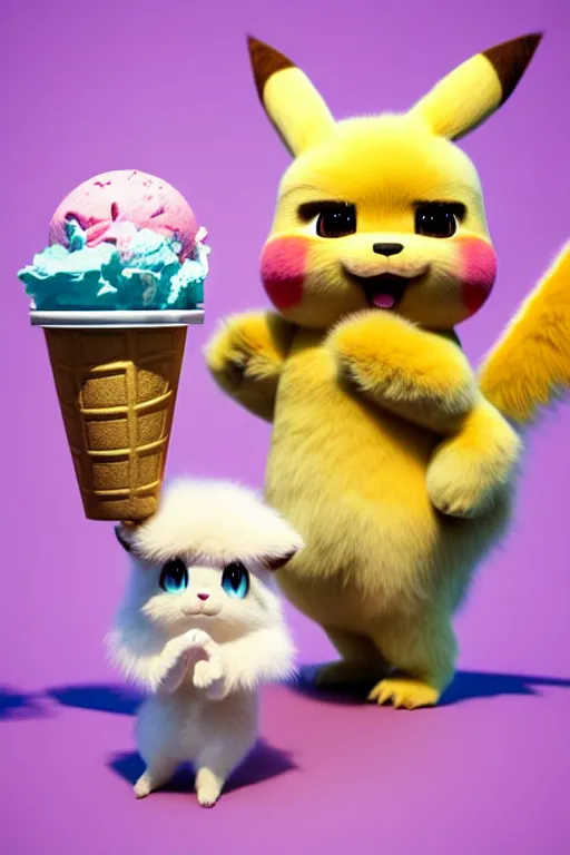 Image similar to high quality 3 d render hyperrealist very cute pastel fluffy! aztec warrior & quetzalcoatl eating giant ice cream, vray smooth, in the style of detective pikachu, hannah yata, very dramatic light, low angle, uhd 8 k, shallow depth or field