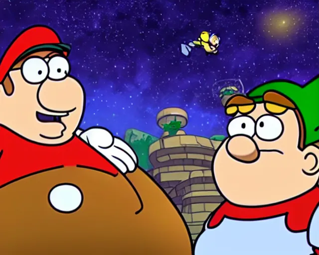 Image similar to peter griffin in super mario galaxy