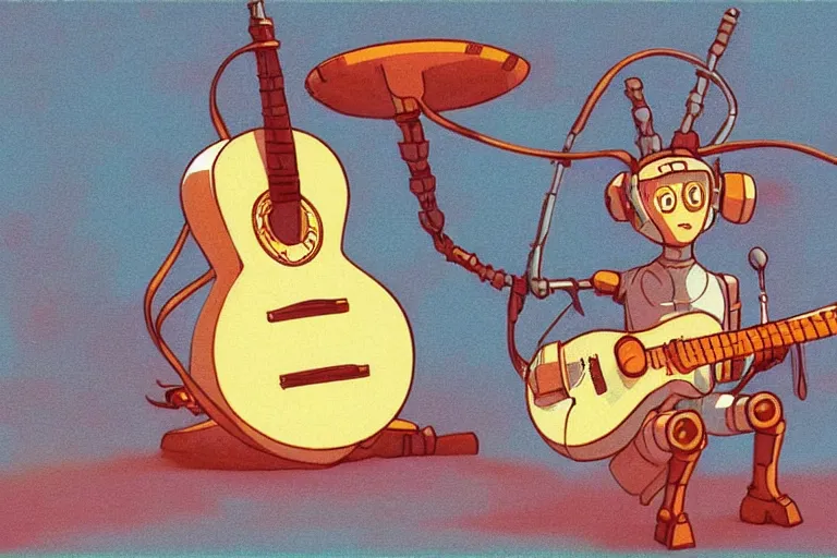 Image similar to A cell animation of a robot playing guitar, Nausicaa of the Valley of the Wind, Miyazaki Hayao, ghibli style, illustration, anime, trending on artstaion