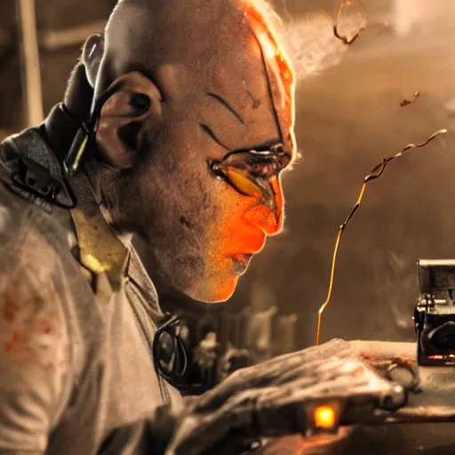 Image similar to half rusted old egg beater half stun - gun, balding older cyborg repairing, red hot soldering iron, dark messy smoke - filled cluttered workshop, dark, dramatic lighting, orange tint, cinematic, highly detailed, sci - fi, futuristic, movie still from blade runner