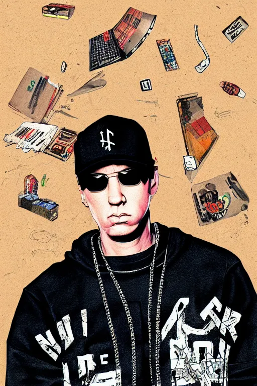 Image similar to eminem is programmer and not a rapper, realistic, art by jacqueline e, color by tafy laplanche, background by bo feng lin