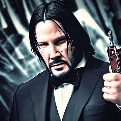 Image similar to portrait photo of a gangster like a fusion between John Wick and Morpheus pointing a gun at the camera, menacingly