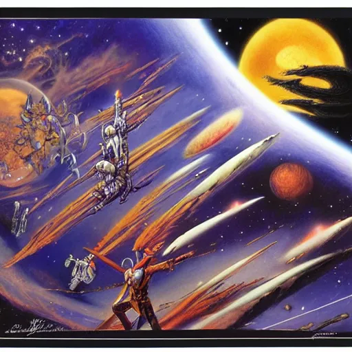 Image similar to phantom grip, the edge of the universe (on film), by Rodney Matthews and Robert McCall