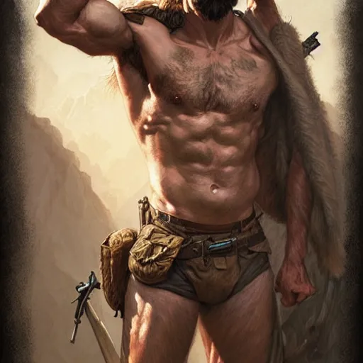 Prompt: portrait of a rugged ranger with exposed muscular thighs, hairy torso, D&D, fantasy, intricate, elegant, highly detailed, digital painting, artstation, concept art, matte, sharp focus, illustration, art by Artgerm and Greg Rutkowski and Alphonse Mucha