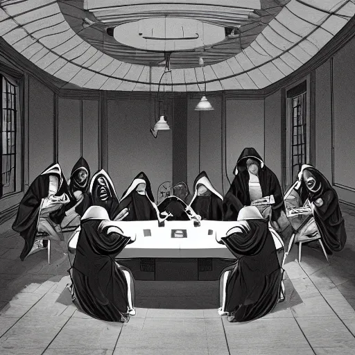 Image similar to A group of people covered in black and white robes with hoods playing poker at a poker table in the middle of an abandoned building, big room, with vines and plants growing out of cracks, broken walls and ceiling with natural light shining through, the light shows dust in the air, digital art, award winning art, 8k