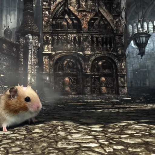 Prompt: a hamster in the video game Dark Souls 3