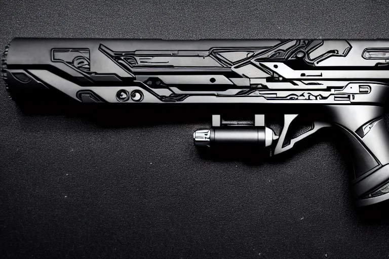 Image similar to cyberpunk ultra high tech pistol with engraving of the cat, sci - fi, blade runner, cyberpunk, high tech, futurism, exoskeleton, symmetry, cinematic, elegant, luxury, perfect light, perfect composition, dlsr photography, sharp focus, 8 k, ultra hd, sense of awe, highly detailed, realistic, intricate, science journal cover