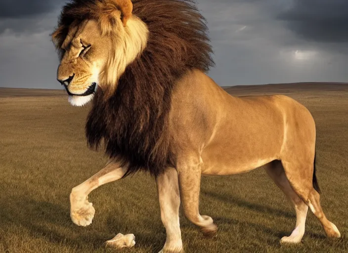 Image similar to a horse with a lion body hybrid, national geographic photography