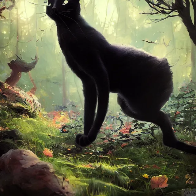 Image similar to a beautiful painting of a cute black cat in a forest. pixar character design by cory loftis, fenghua zhong, ryohei hase, ismail inceoglu and ruan jia. artstation, volumetric light, detailed, photorealistic, rendered in octane