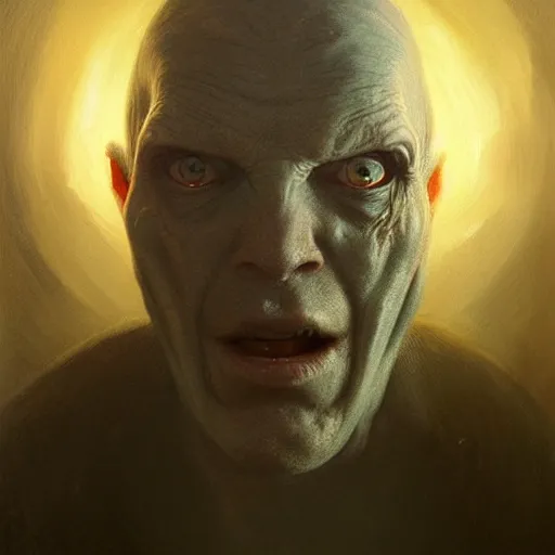 Image similar to Face of a pale alien cultist, intimidating man, large fish eyes, high forehead, smooth waxy skin, slick clammy skin, ominous, eldritch. oil painting by nuri iyem, james gurney, james jean, greg rutkowski, highly detailed, soft lighting, chiaroscuro