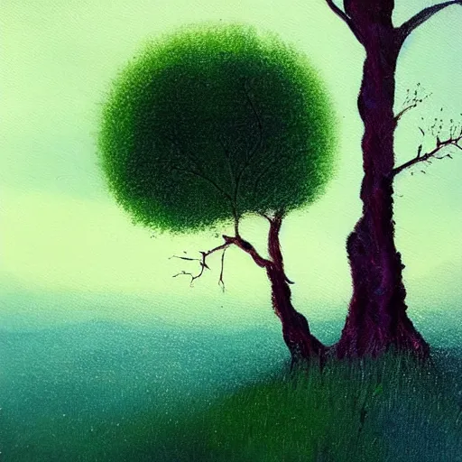 Image similar to This painting has such a feeling of peace and serenity. The tree is so still and calm, despite the wind blowing around it. The moonlight casts a soft glow over everything and the starts seem to be winking at you... in the style of the Little Prince