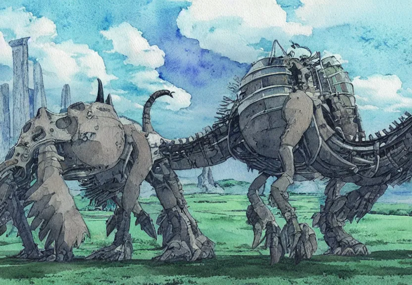 Image similar to a hyperrealist watercolor concept art from a studio ghibli film showing a giant grey mechanized prehistoric creature from howl's moving castle ( 2 0 0 4 ). stonehenge is under construction in the background, in the rainforest on a misty and starry night. by studio ghibli. very dull muted colors