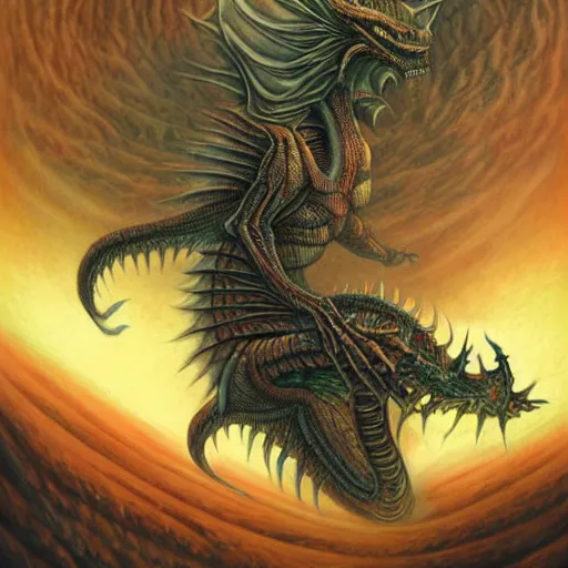 Image similar to an alien dragon demigod descending from the cosmos to consume the earth, by dan seagrave art