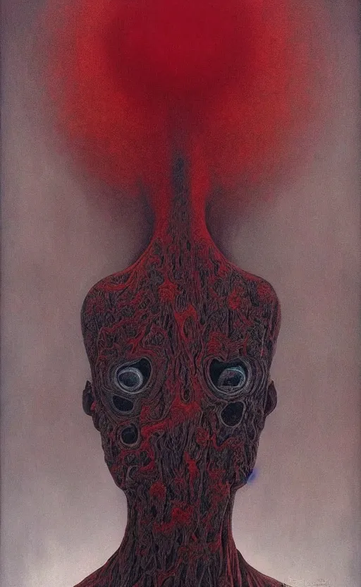 Prompt: black dramatic portrait painting of human with black mandelbrot fractal instead of face, in style of zdzisław beksinski, dark red, horror, body horror, scary,