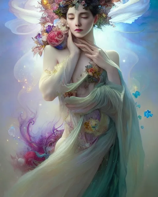 Image similar to Full View ultrarealistic Portrait ethereal fantasy deity wearing beautiful gown, flowers, spirituality, 4k digital masterpiece by Anna Dittman and Alberto Seveso Ruan Jia, rossdraws, artgerm and greg rutkowski and alphonse mucha and loish and WLOP, fantasycore, Hyperdetailed, realistic digital painting, atmospheric, fireflies, soft lighting, featured on Artstation