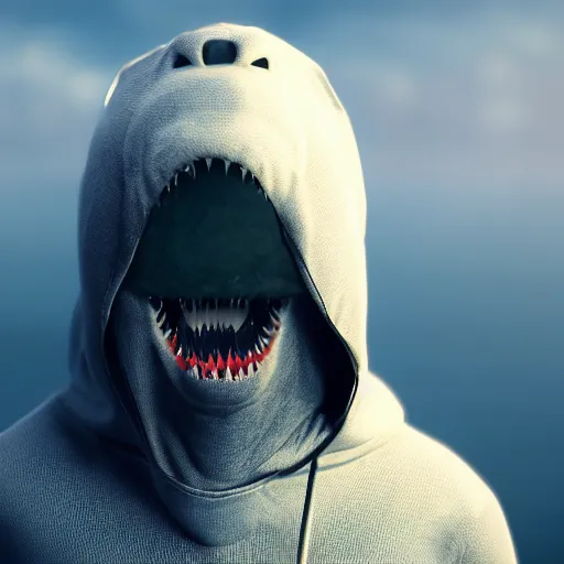 Prompt: great white shark wearing a hoodie at night, 8 k, photorealistic, cinematic photography, trending on artstation