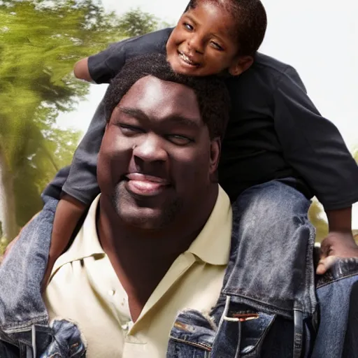 Image similar to a little black person rides on the shoulder's of a huge 7 ft tall 5 0 0 pound black man. hyperreal - h 6 4 0