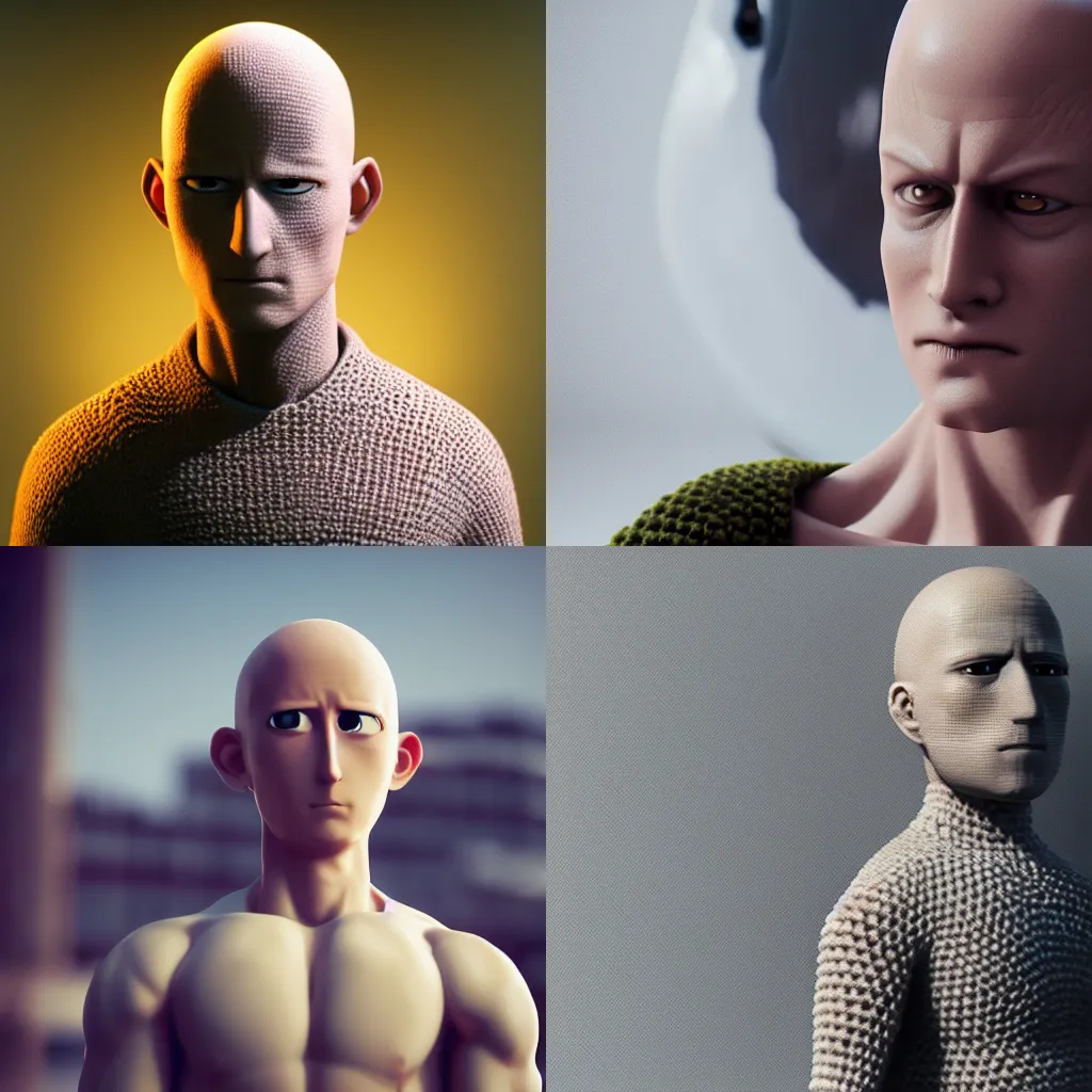 Prompt: Crocheted Saitama, realistic octane render, 8k